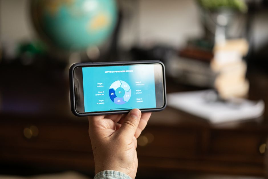 A hand holds a smartphone displaying a business strategy chart indoors.